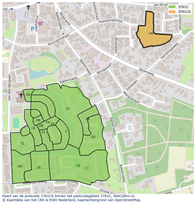Afbeelding van het postcodegebied 3781 CA op de kaart.