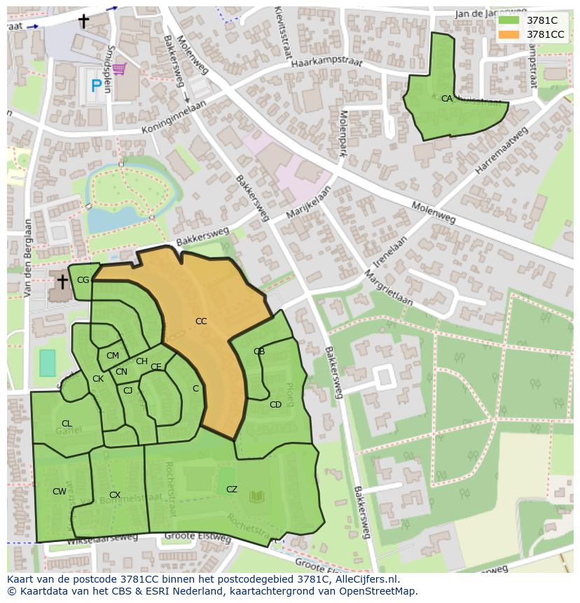 Afbeelding van het postcodegebied 3781 CC op de kaart.
