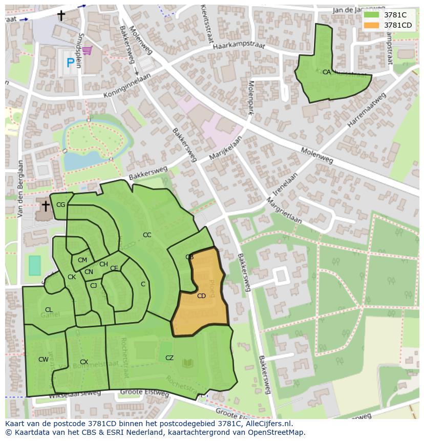 Afbeelding van het postcodegebied 3781 CD op de kaart.