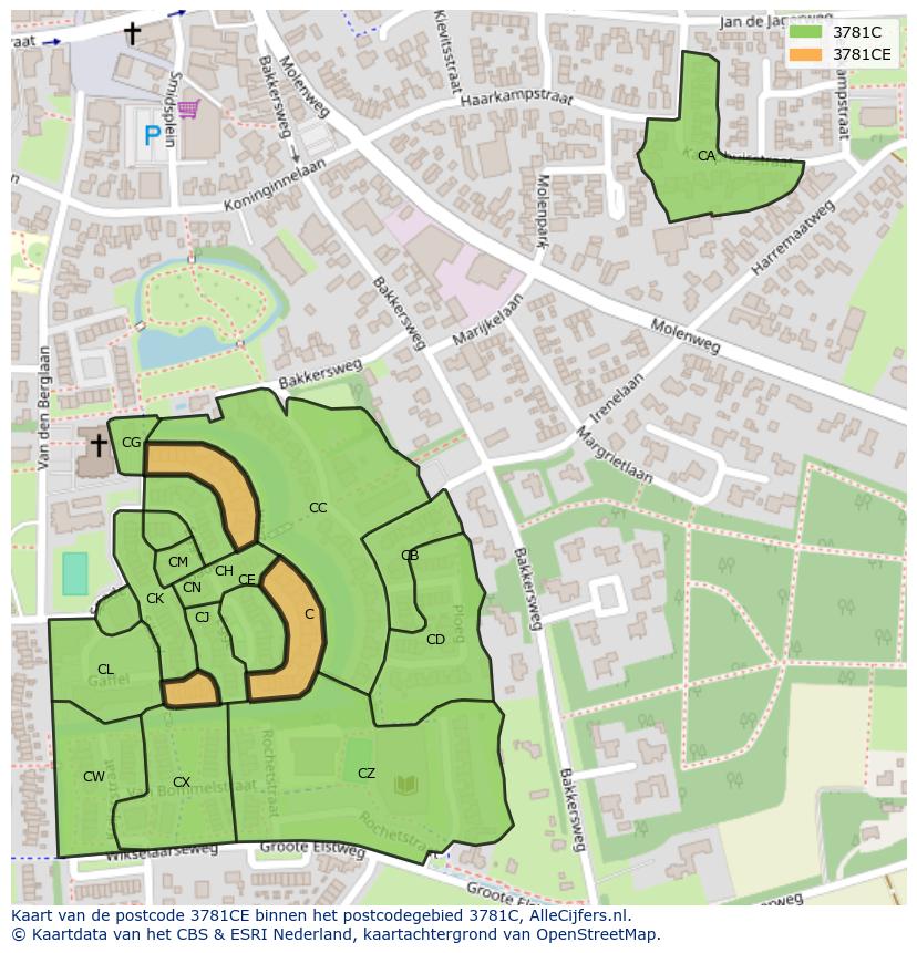 Afbeelding van het postcodegebied 3781 CE op de kaart.