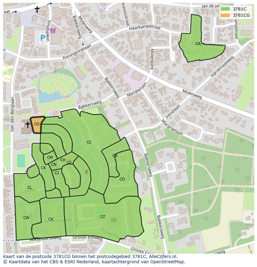 Afbeelding van het postcodegebied 3781 CG op de kaart.