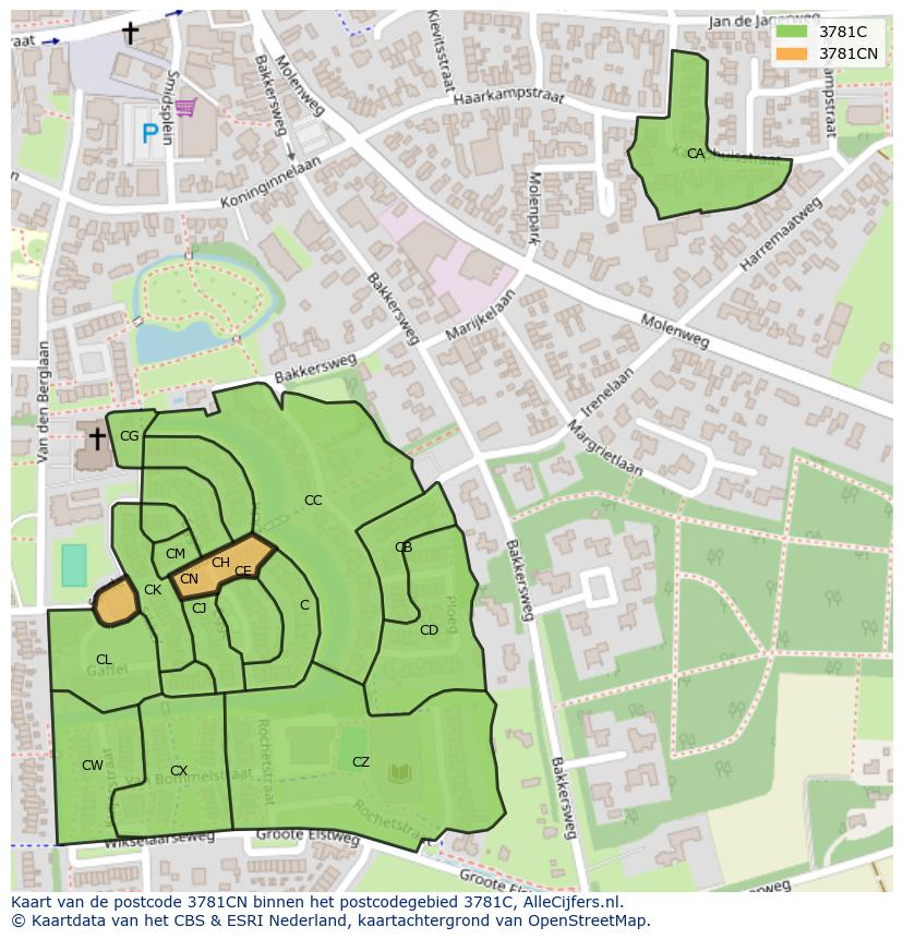 Afbeelding van het postcodegebied 3781 CN op de kaart.