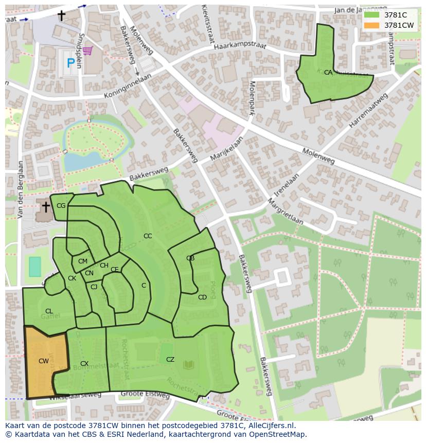 Afbeelding van het postcodegebied 3781 CW op de kaart.