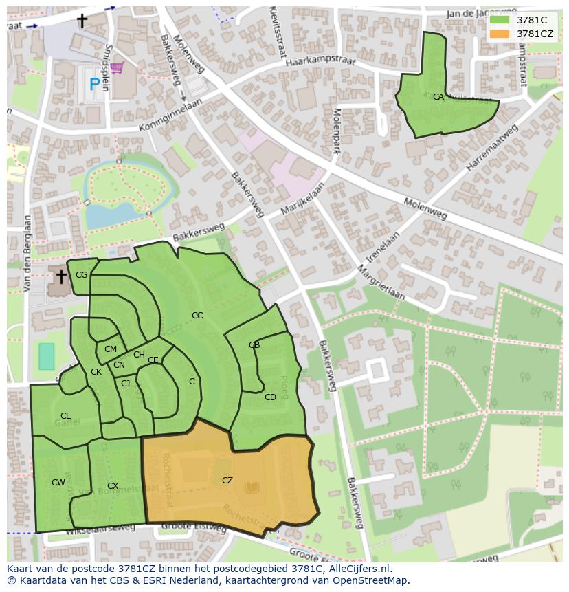 Afbeelding van het postcodegebied 3781 CZ op de kaart.