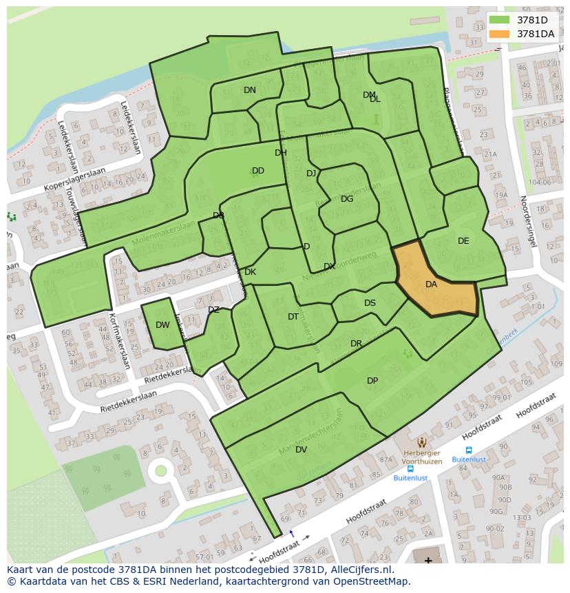 Afbeelding van het postcodegebied 3781 DA op de kaart.