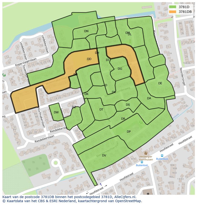 Afbeelding van het postcodegebied 3781 DB op de kaart.