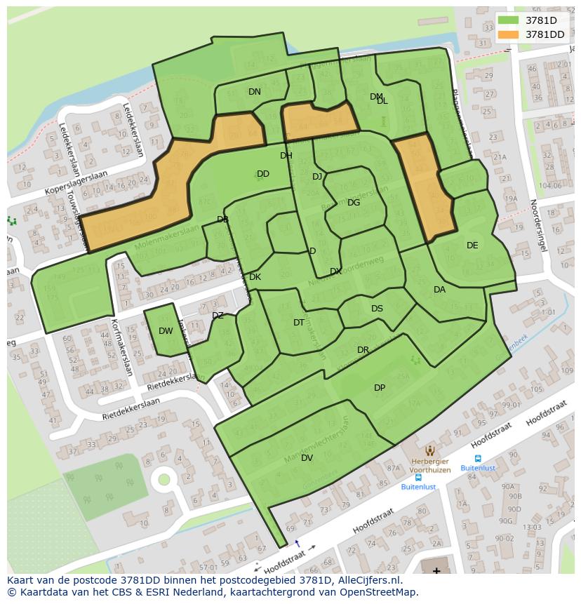 Afbeelding van het postcodegebied 3781 DD op de kaart.