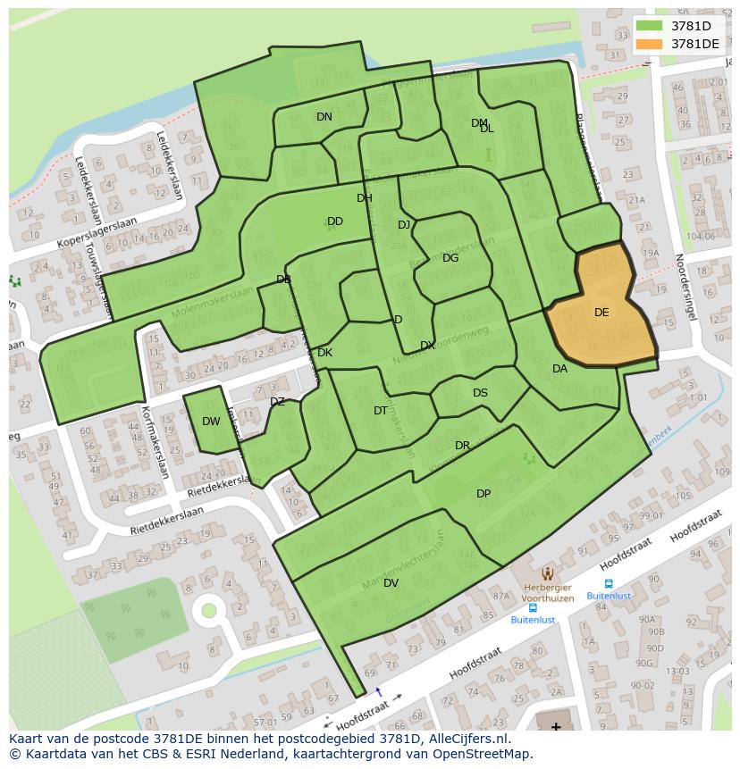 Afbeelding van het postcodegebied 3781 DE op de kaart.
