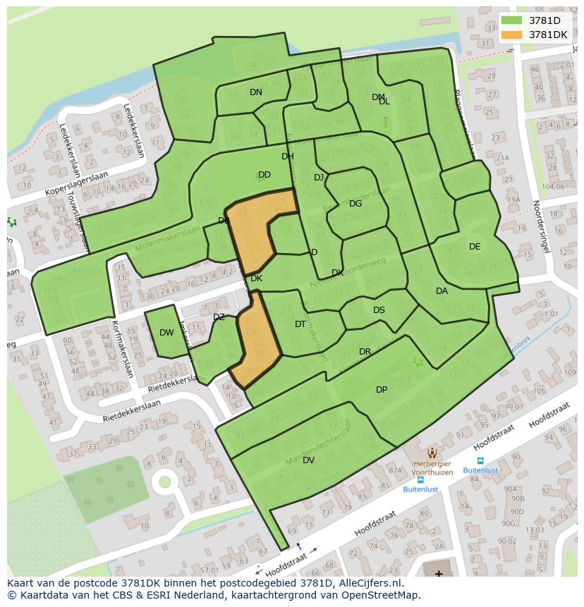 Afbeelding van het postcodegebied 3781 DK op de kaart.