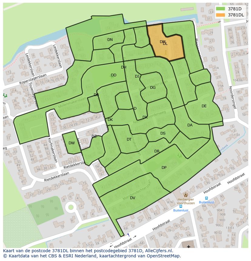 Afbeelding van het postcodegebied 3781 DL op de kaart.