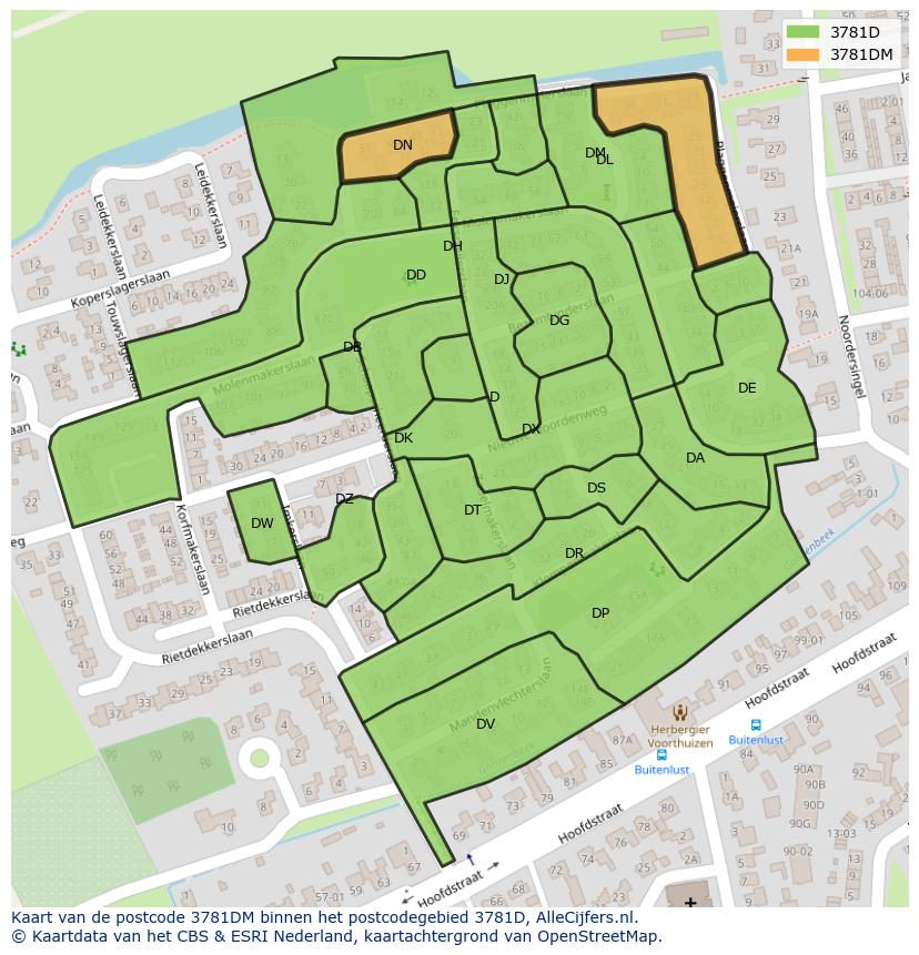 Afbeelding van het postcodegebied 3781 DM op de kaart.