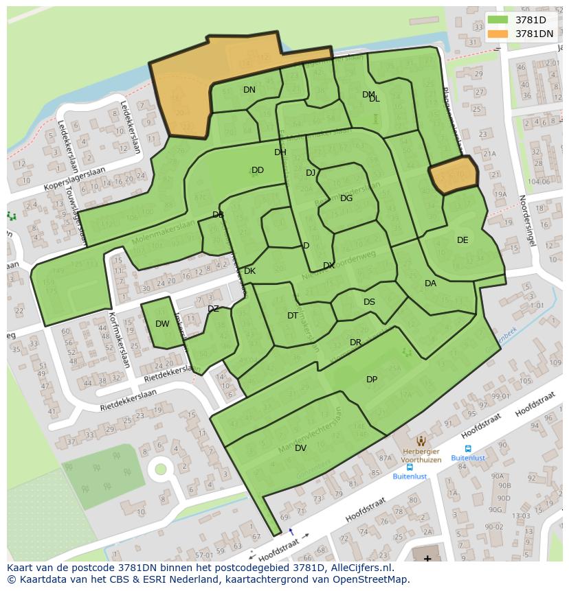 Afbeelding van het postcodegebied 3781 DN op de kaart.