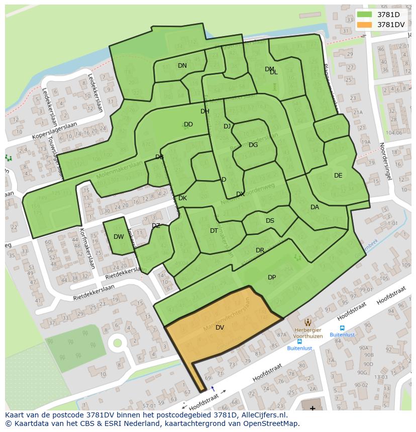 Afbeelding van het postcodegebied 3781 DV op de kaart.