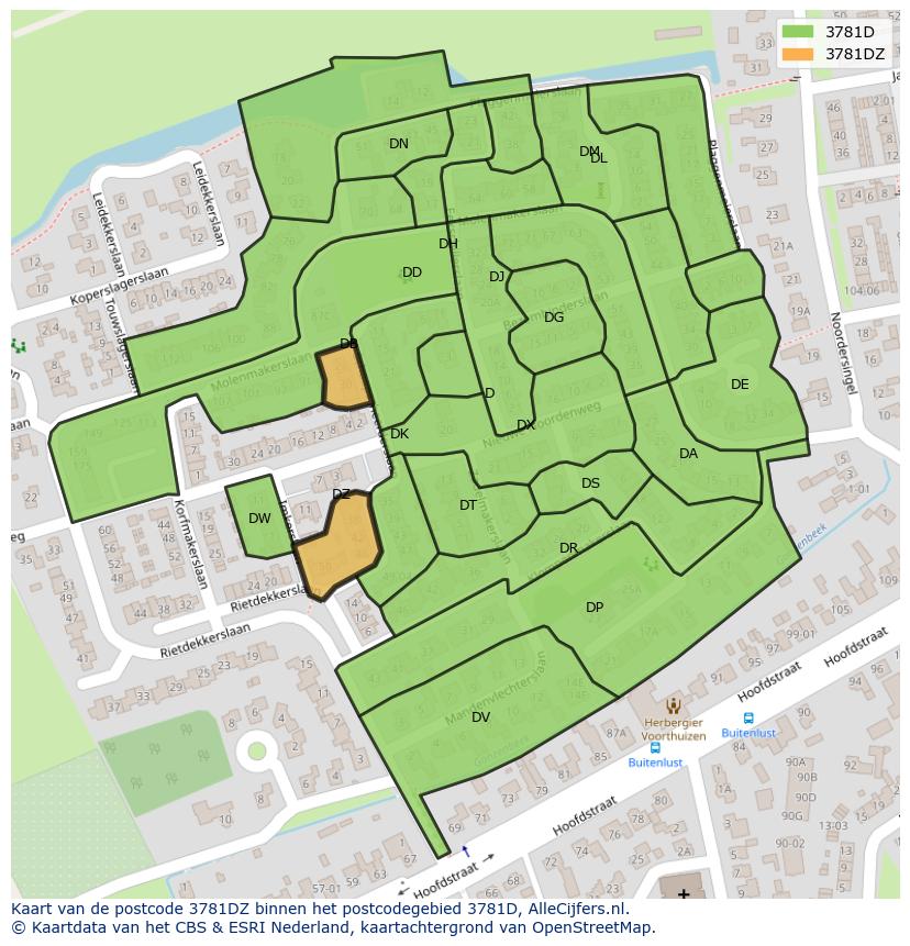 Afbeelding van het postcodegebied 3781 DZ op de kaart.