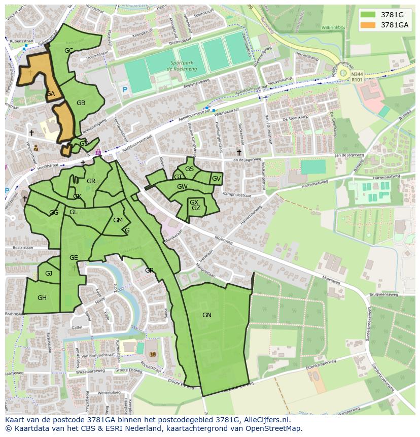 Afbeelding van het postcodegebied 3781 GA op de kaart.