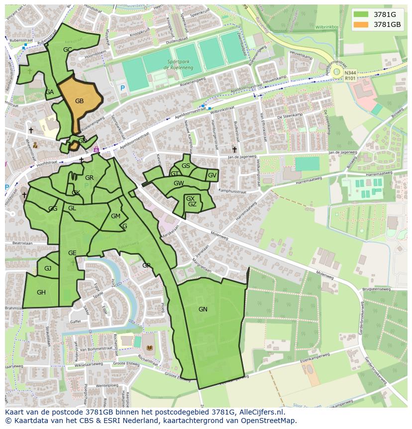 Afbeelding van het postcodegebied 3781 GB op de kaart.