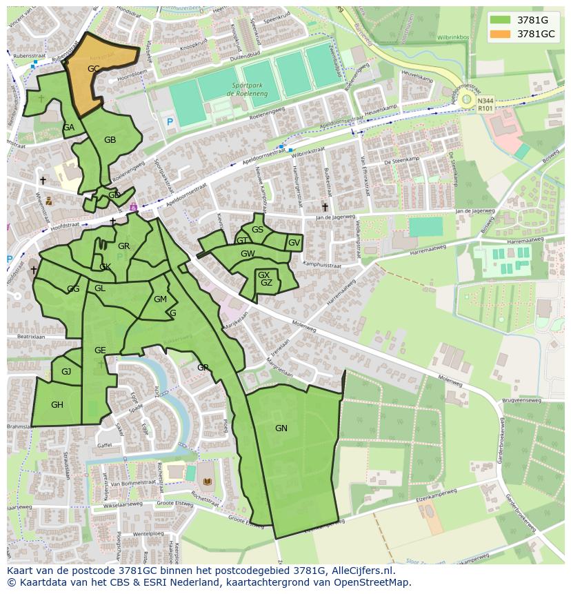 Afbeelding van het postcodegebied 3781 GC op de kaart.