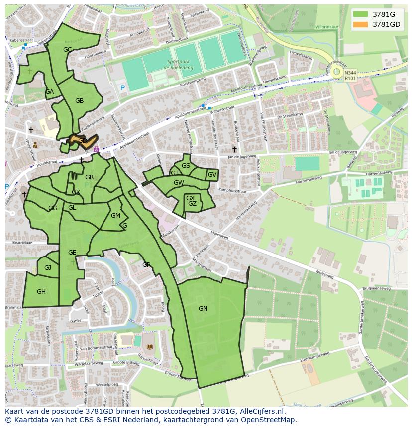 Afbeelding van het postcodegebied 3781 GD op de kaart.
