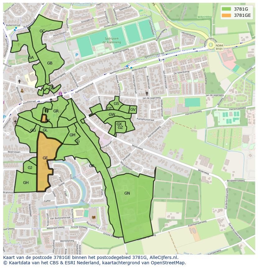 Afbeelding van het postcodegebied 3781 GE op de kaart.