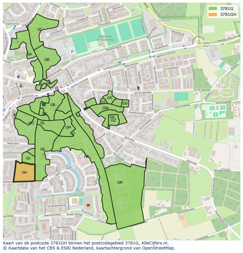 Afbeelding van het postcodegebied 3781 GH op de kaart.