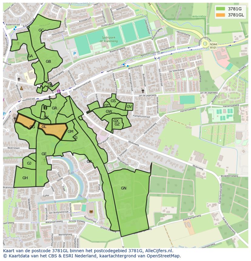 Afbeelding van het postcodegebied 3781 GL op de kaart.