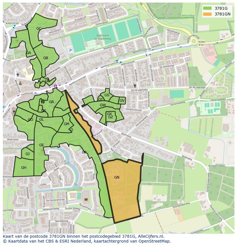 Afbeelding van het postcodegebied 3781 GN op de kaart.