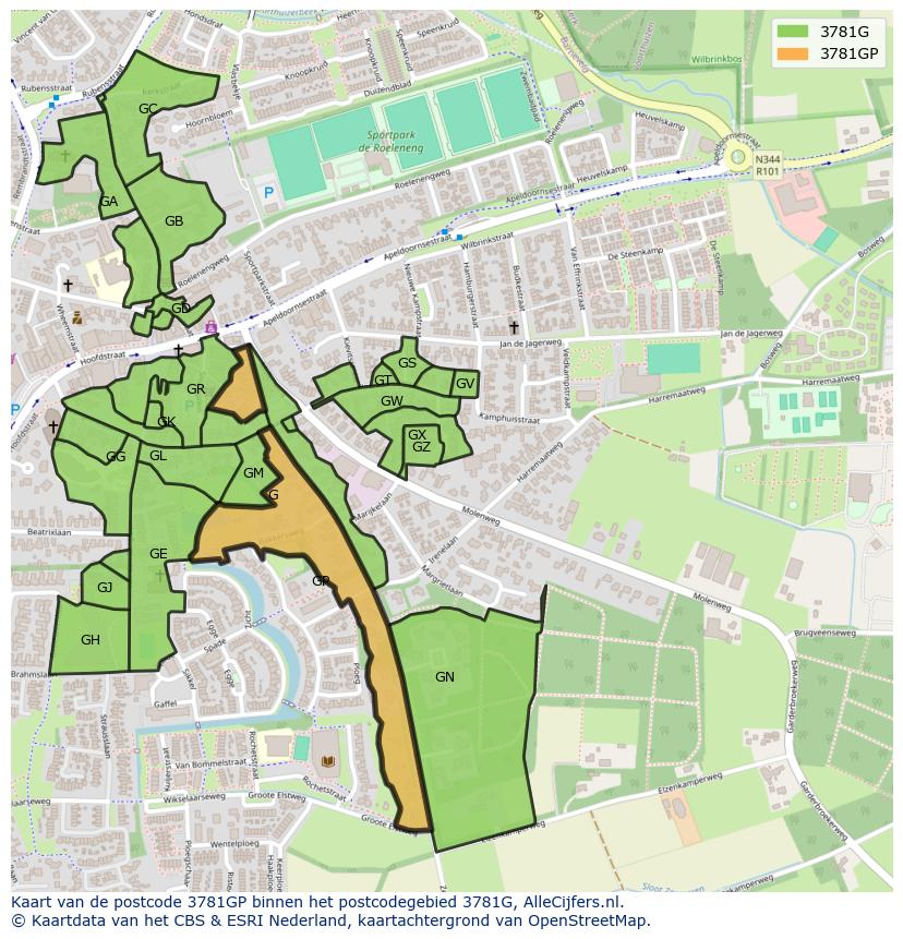 Afbeelding van het postcodegebied 3781 GP op de kaart.