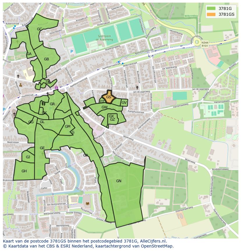 Afbeelding van het postcodegebied 3781 GS op de kaart.
