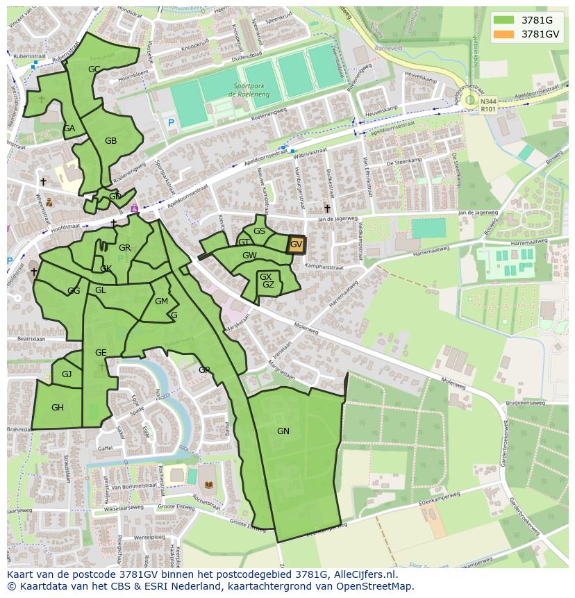 Afbeelding van het postcodegebied 3781 GV op de kaart.