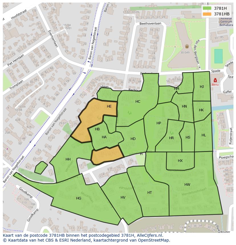 Afbeelding van het postcodegebied 3781 HB op de kaart.
