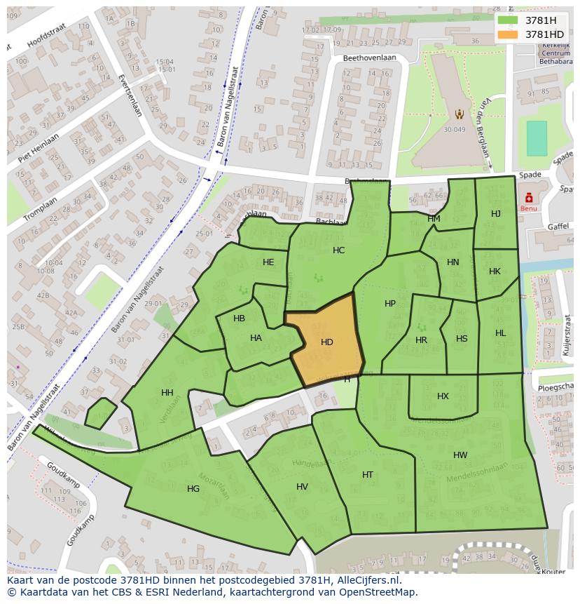 Afbeelding van het postcodegebied 3781 HD op de kaart.