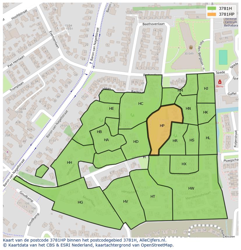 Afbeelding van het postcodegebied 3781 HP op de kaart.