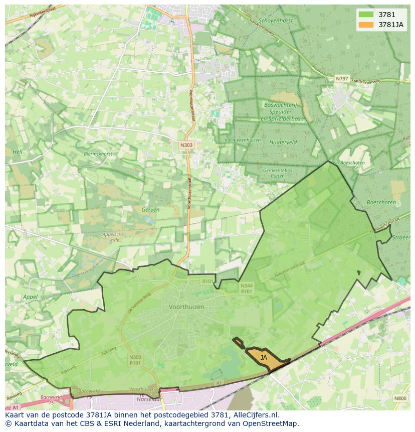 Afbeelding van het postcodegebied 3781 JA op de kaart.