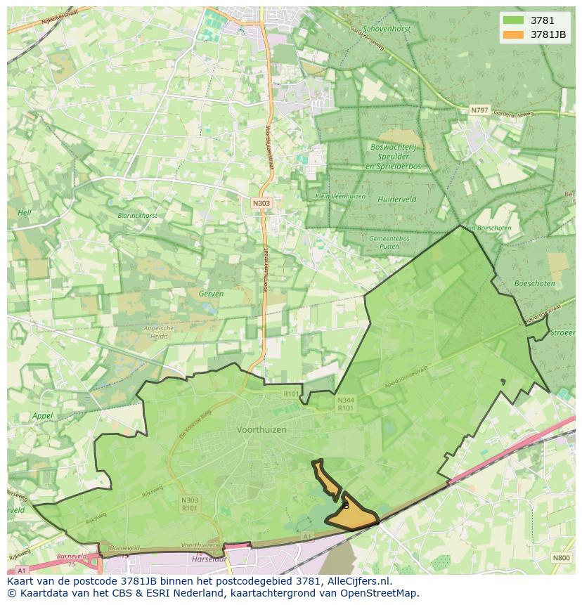 Afbeelding van het postcodegebied 3781 JB op de kaart.
