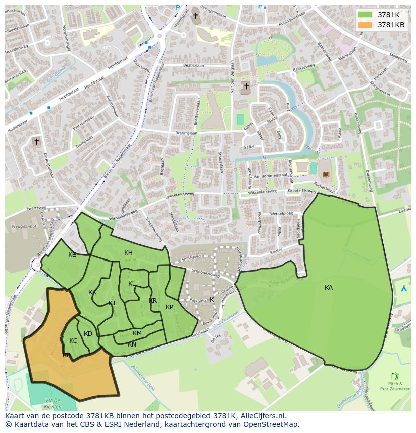 Afbeelding van het postcodegebied 3781 KB op de kaart.