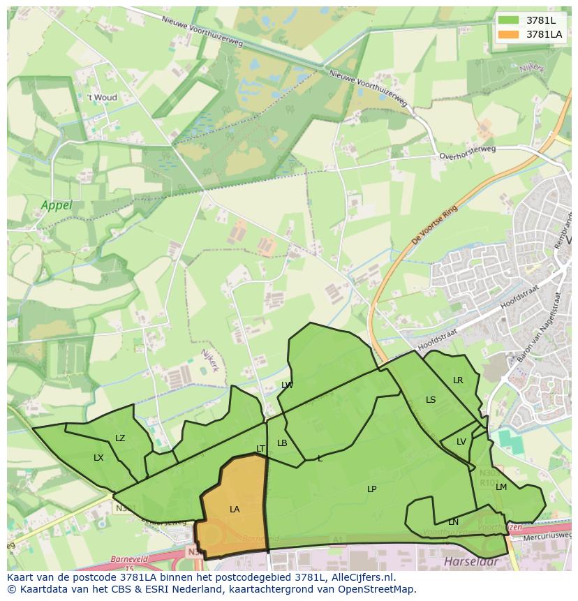Afbeelding van het postcodegebied 3781 LA op de kaart.