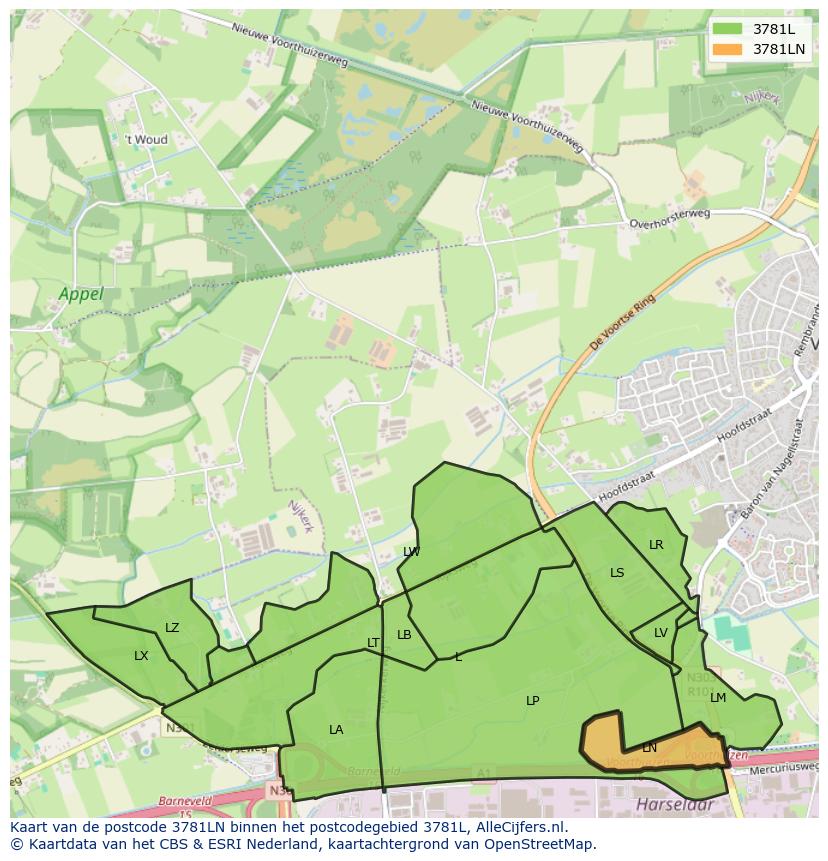 Afbeelding van het postcodegebied 3781 LN op de kaart.