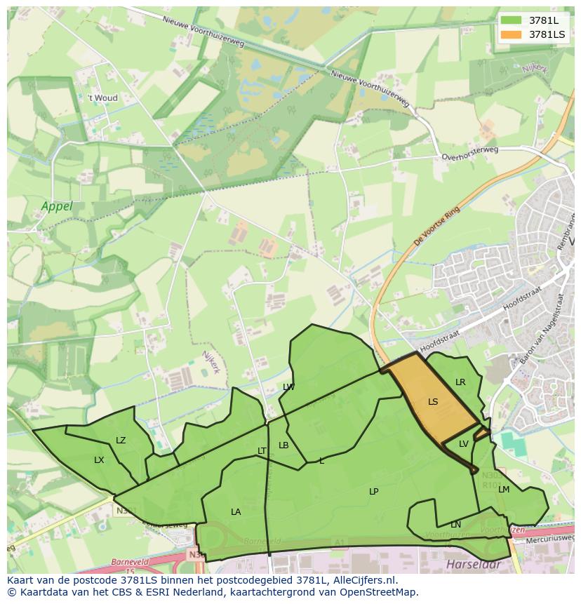Afbeelding van het postcodegebied 3781 LS op de kaart.