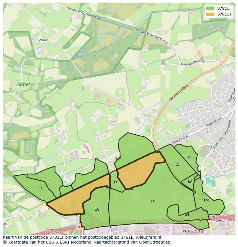 Afbeelding van het postcodegebied 3781 LT op de kaart.