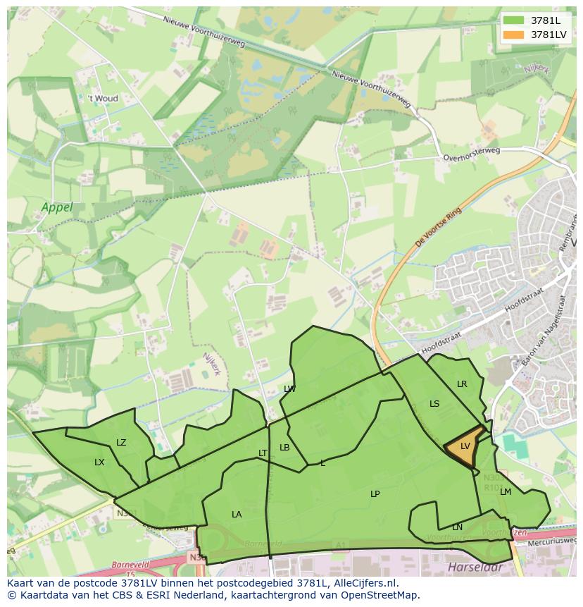 Afbeelding van het postcodegebied 3781 LV op de kaart.