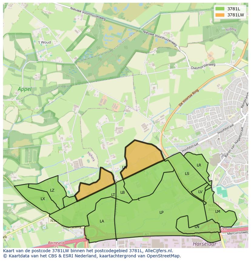 Afbeelding van het postcodegebied 3781 LW op de kaart.