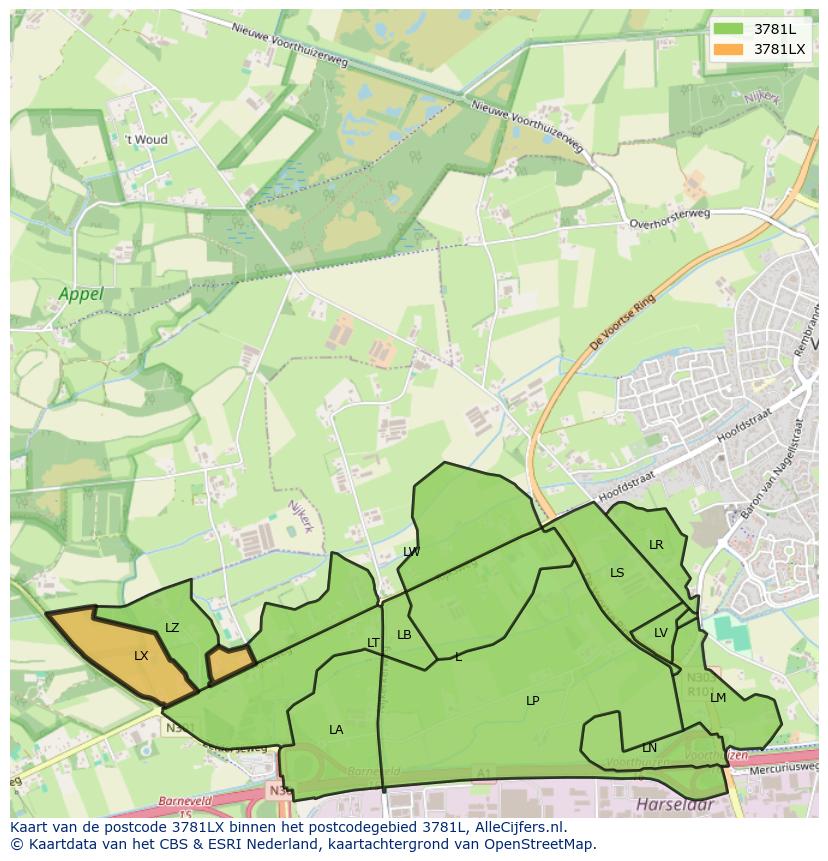 Afbeelding van het postcodegebied 3781 LX op de kaart.