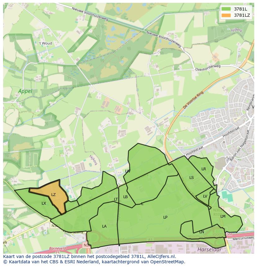 Afbeelding van het postcodegebied 3781 LZ op de kaart.