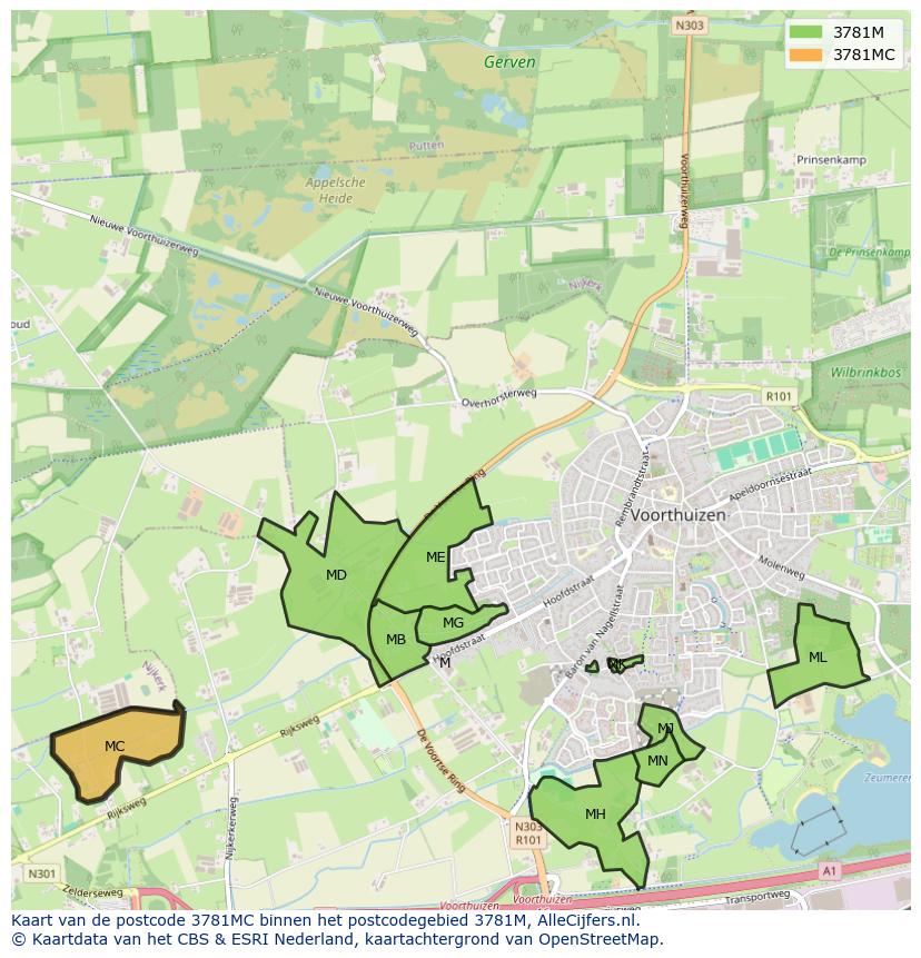 Afbeelding van het postcodegebied 3781 MC op de kaart.