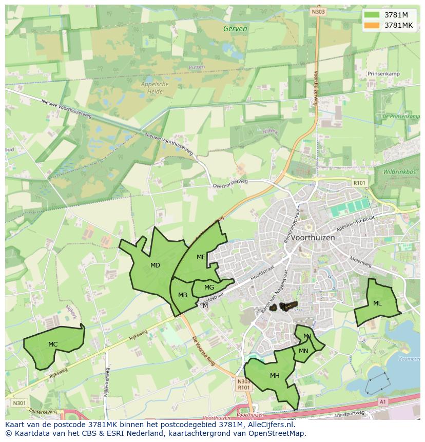 Afbeelding van het postcodegebied 3781 MK op de kaart.
