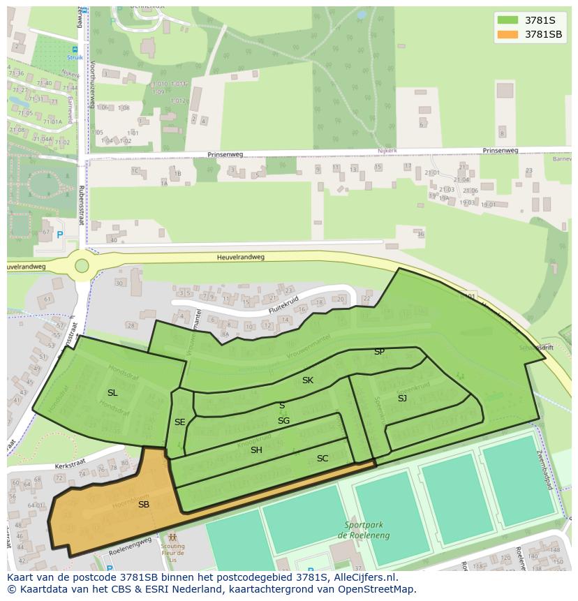Afbeelding van het postcodegebied 3781 SB op de kaart.