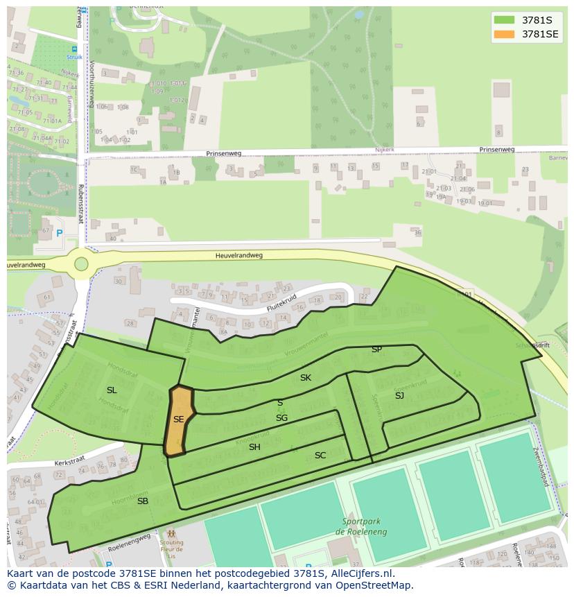 Afbeelding van het postcodegebied 3781 SE op de kaart.