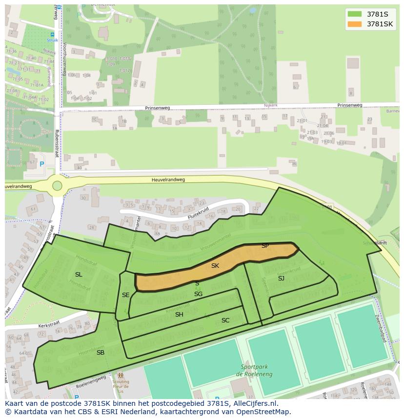 Afbeelding van het postcodegebied 3781 SK op de kaart.