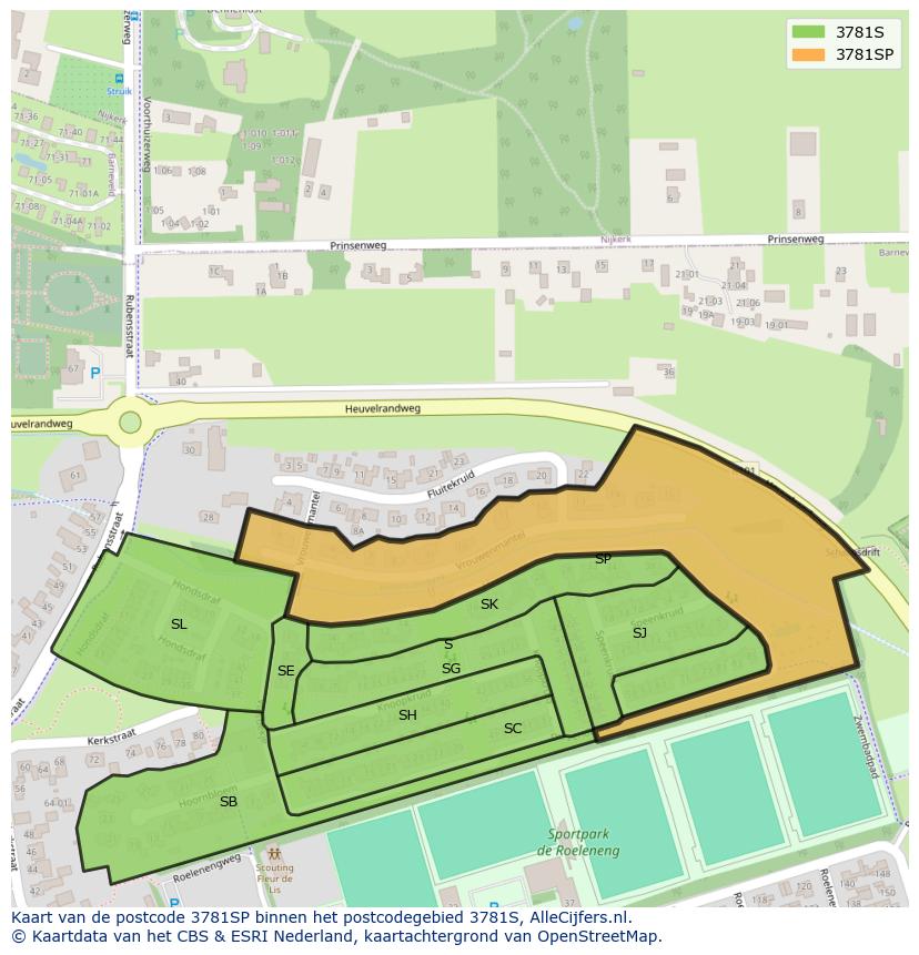 Afbeelding van het postcodegebied 3781 SP op de kaart.