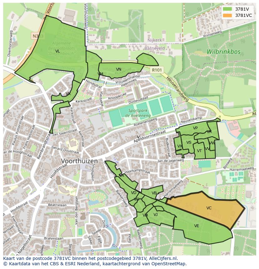 Afbeelding van het postcodegebied 3781 VC op de kaart.